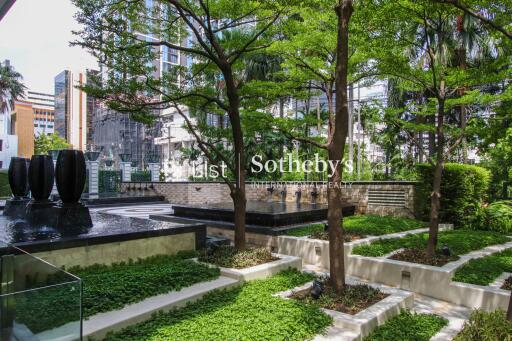 Green outdoor garden area with water feature