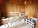 Wooden sauna interior with bench and heater