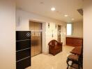 Well-lit living area with furniture and storage