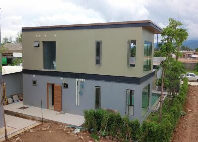 Modern two-story building with large windows