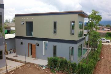 Modern two-story building with large windows