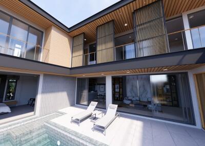 Modern outdoor lounge area with pool and view of interiors