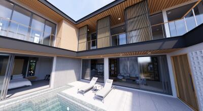 Modern outdoor lounge area with pool and view of interiors