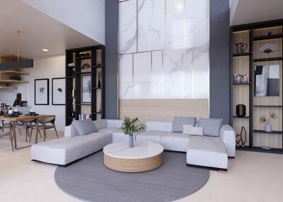 Modern living room with sectional sofa and open kitchen