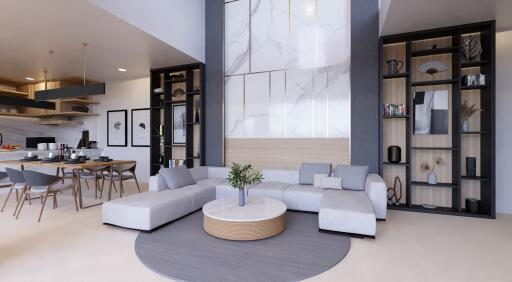 Modern living room with sectional sofa and open kitchen