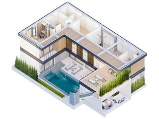 3D model of a modern two-story house with a pool and garage