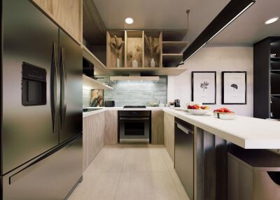 Modern kitchen with stainless steel appliances and sleek cabinetry