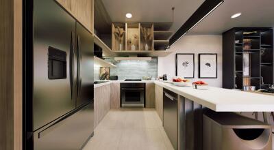 Modern kitchen with stainless steel appliances and sleek cabinetry