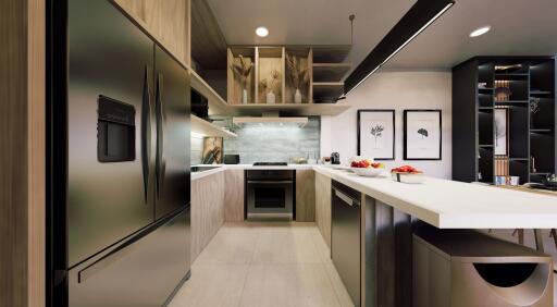 Modern kitchen with stainless steel appliances and sleek cabinetry