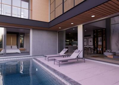 Modern building with poolside view