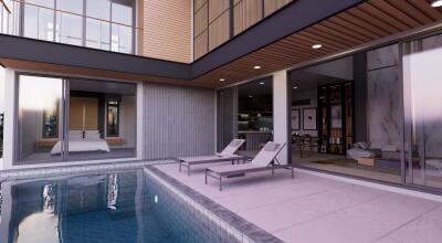 Modern building with poolside view