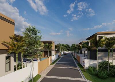 View of residential street with modern houses and palm trees