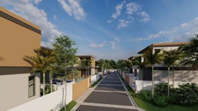 View of residential street with modern houses and palm trees