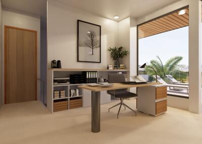 Modern home office with desk and view