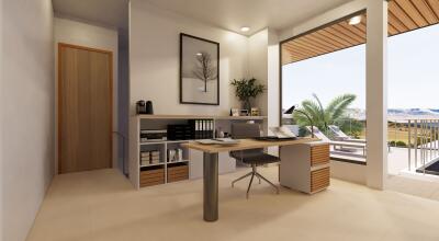 Modern home office with desk and view