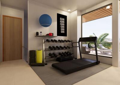 Home gym with equipment and a treadmill