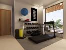 Home gym with equipment and a treadmill