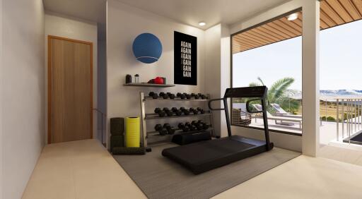 Home gym with equipment and a treadmill