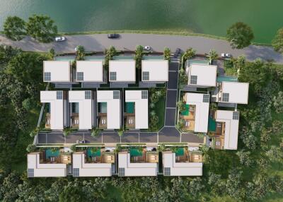 Aerial view of a residential complex near water