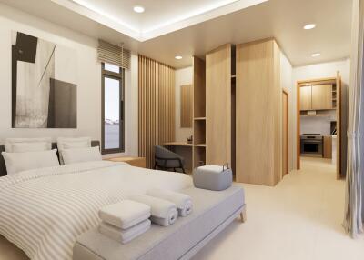 Modern bedroom with ensuite bathroom and study area