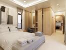 Modern bedroom with ensuite bathroom and study area