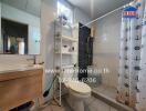 Bathroom with shower and shelving