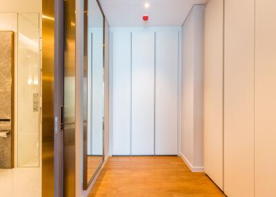 Modern hallway with mirrored closet doors and wood flooring