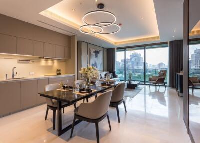 Modern open-plan kitchen and dining area with city view