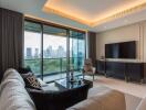 Spacious living room with modern furnishings and a city skyline view