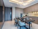 Modern dining room and kitchen with elegant lighting