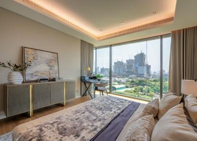 Modern bedroom with a view of city skyline