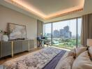 Modern bedroom with a view of city skyline