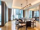 Modern dining room with large windows and city view