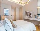 Elegant bedroom with modern decor featuring a plush bed, stylish wall art, and contemporary lighting fixtures