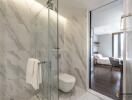 Modern bathroom with glass-enclosed shower