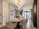 Modern dining room with elegant lighting and contemporary decor