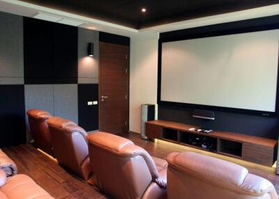 Home theater with leather seating and large screen