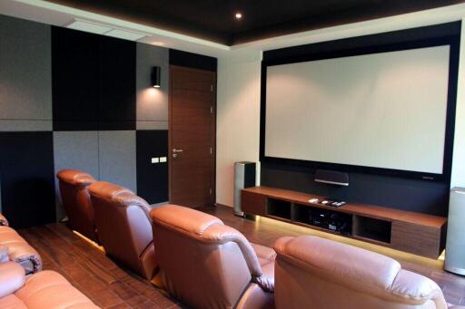 Home theater with leather seating and large screen