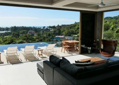 Modern living area with poolside view