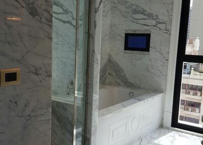 Modern bathroom with marble finish and bathtub