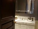 Modern bathroom with dark door and white vanity