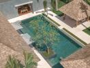 Aerial view of a luxurious outdoor pool area with a manicured garden and shaded seating