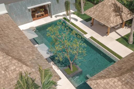 Aerial view of a luxurious outdoor pool area with a manicured garden and shaded seating