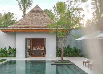 Luxurious bedroom with poolside view