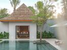 Luxurious bedroom with poolside view