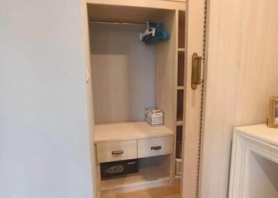 Closet with storage space and clothing hangers