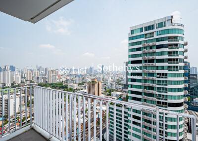 Scenic view from the balcony with city skyline