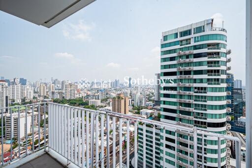 Scenic view from the balcony with city skyline