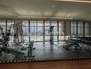 Spacious gym with modern fitness equipment and city view