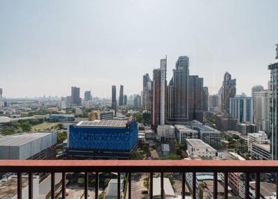 View from balcony overlooking city skyline